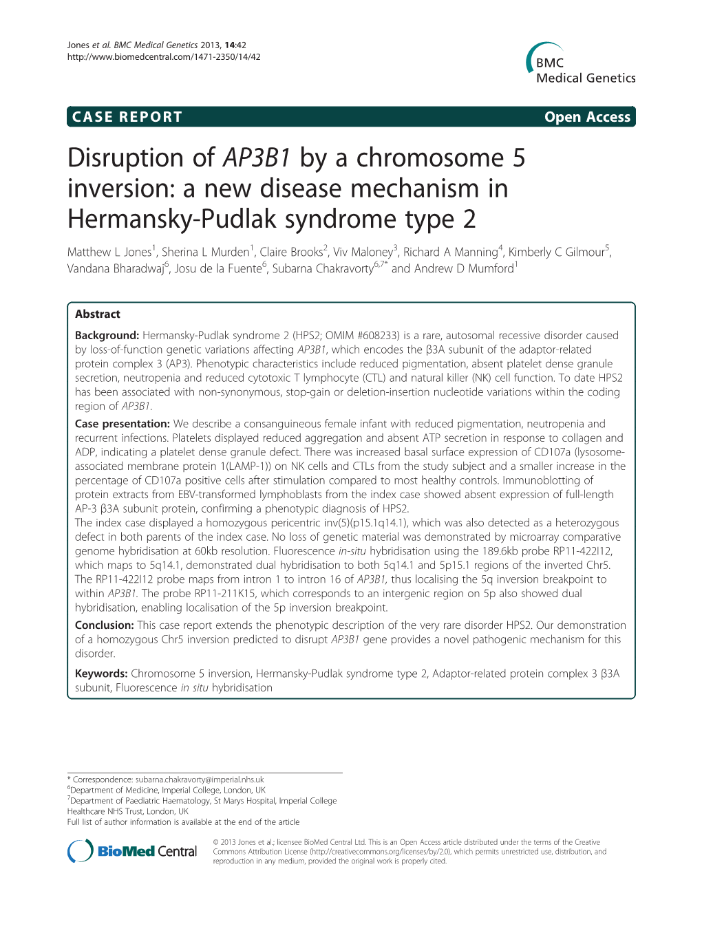 Disruption of AP3B1 by a Chromosome 5 Inversion: a New