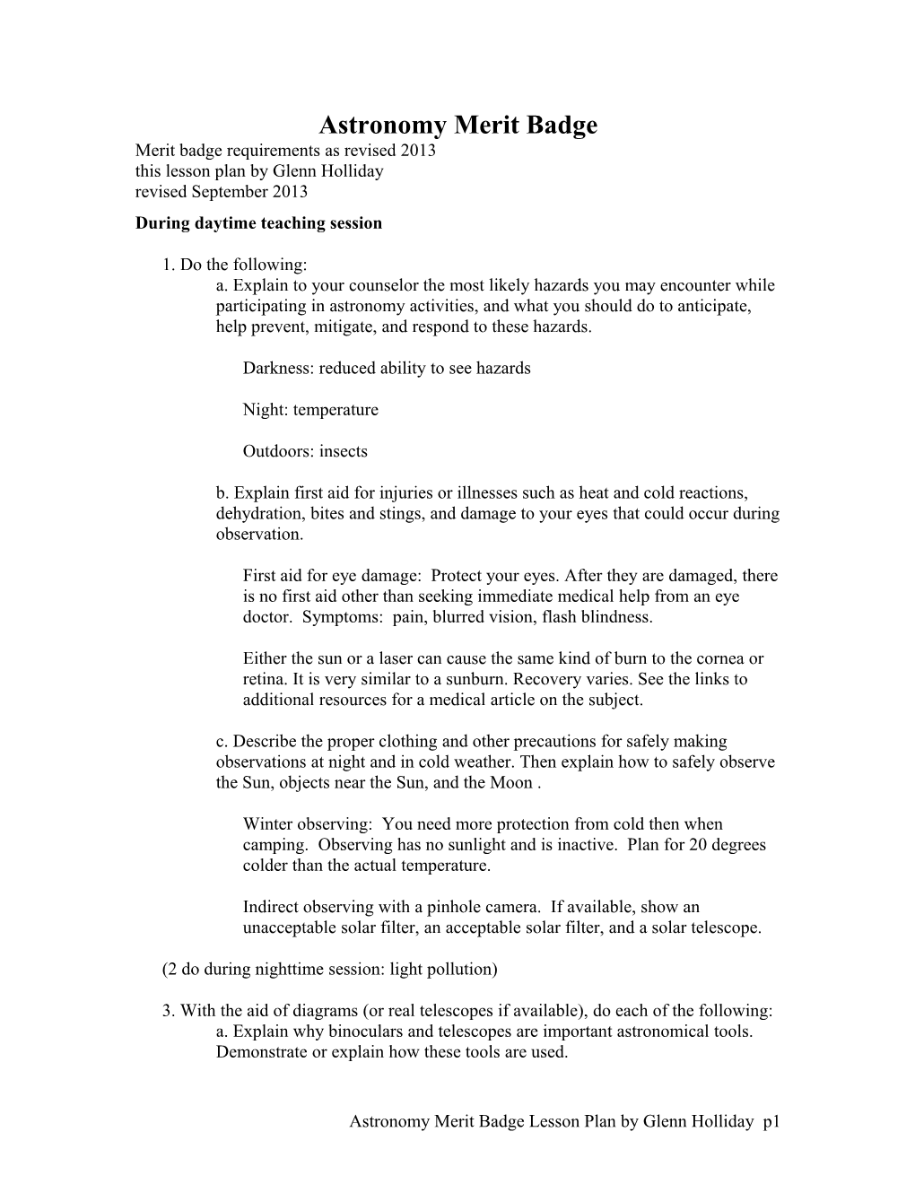 Astronomy Merit Badge Merit Badge Requirements As Revised 2013 This Lesson Plan by Glenn Holliday Revised September 2013 During Daytime Teaching Session