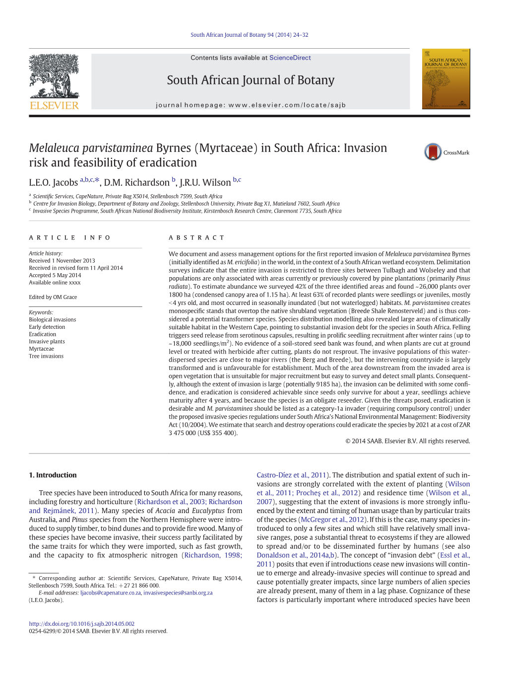 Melaleuca Parvistaminea Byrnes (Myrtaceae) in South Africa: Invasion Risk and Feasibility of Eradication