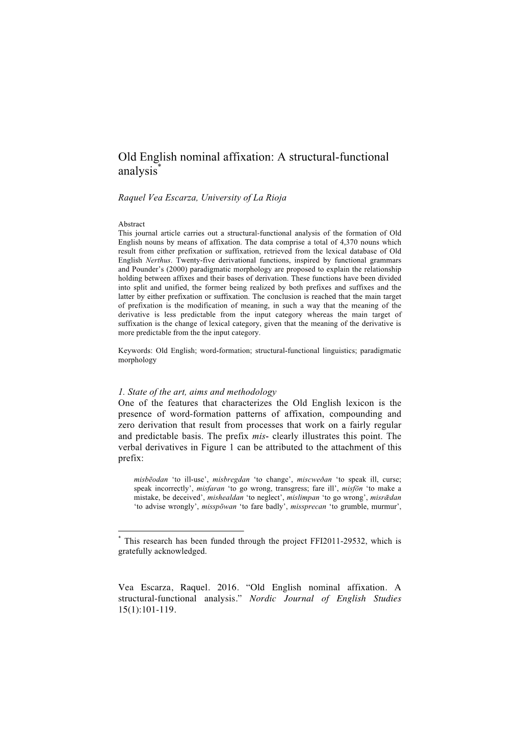 Old English Nominal Affixation: a Structural-Functional Analysis*
