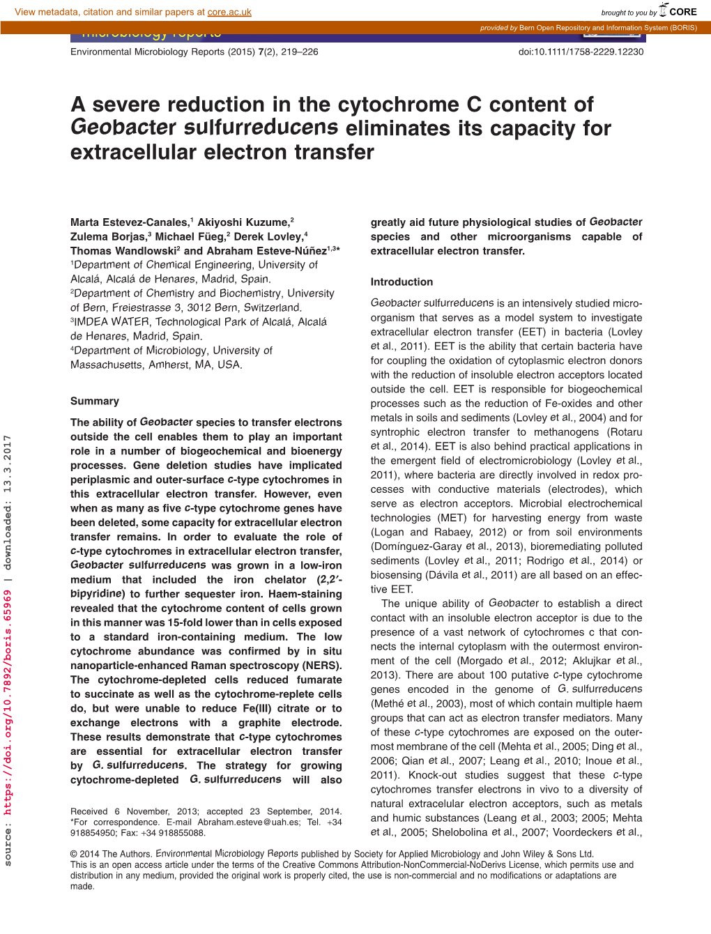 A Severe Reduction in the Cytochrome C Content of Geobacter Sulfurreducens Eliminates Its Capacity for Extracellular Electron Transfer