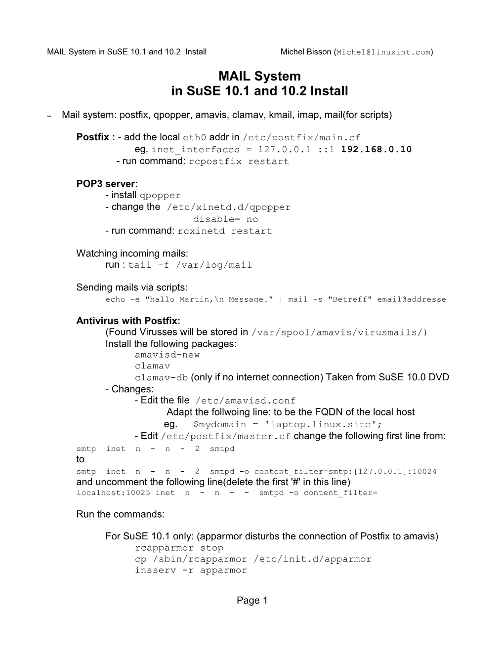 MAIL System in Suse 10.1 and 10.2 Install Michel Bisson (Michel@Linuxint.Com)