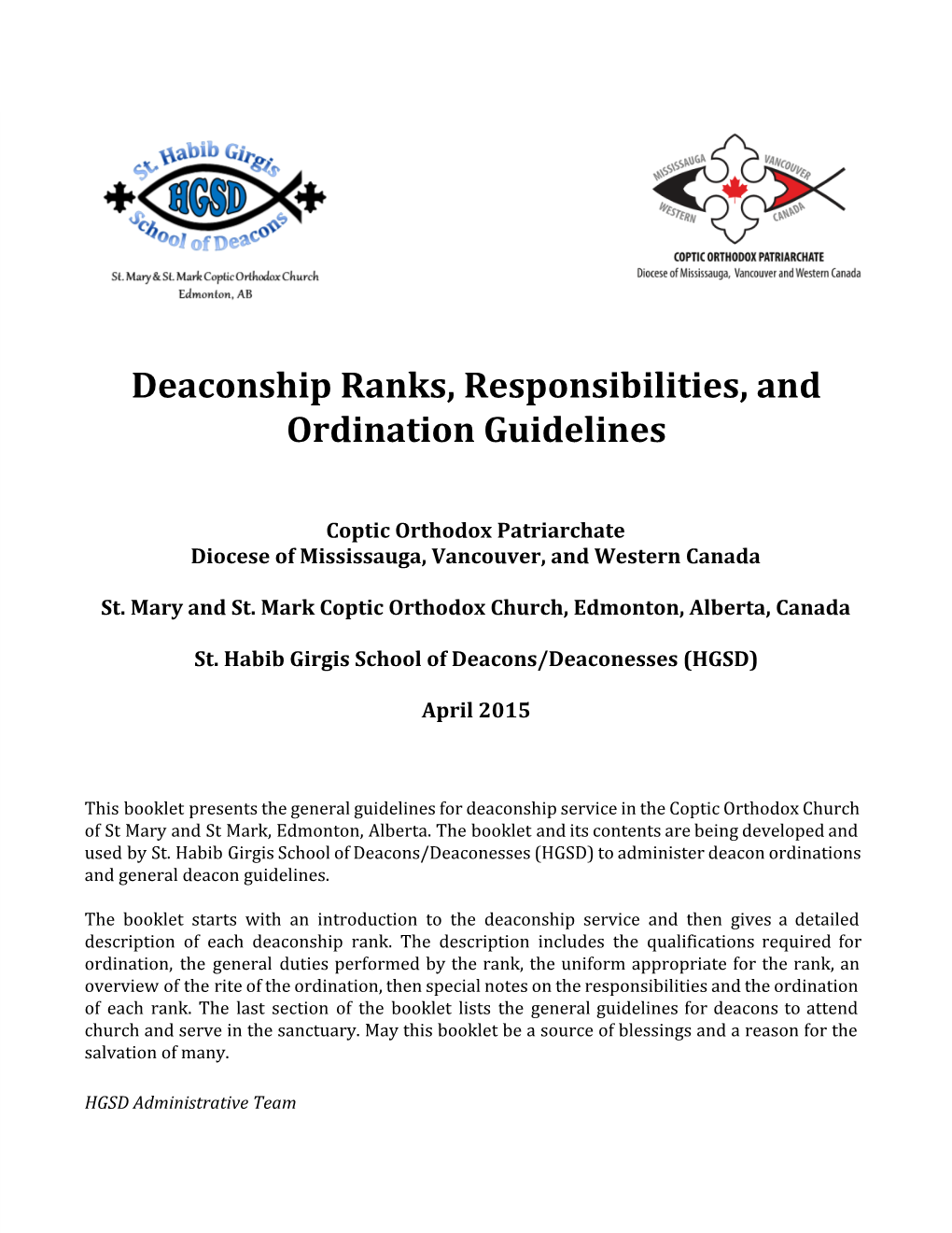 Deaconship Ranks, Responsibilities, and Ordination Guidelines