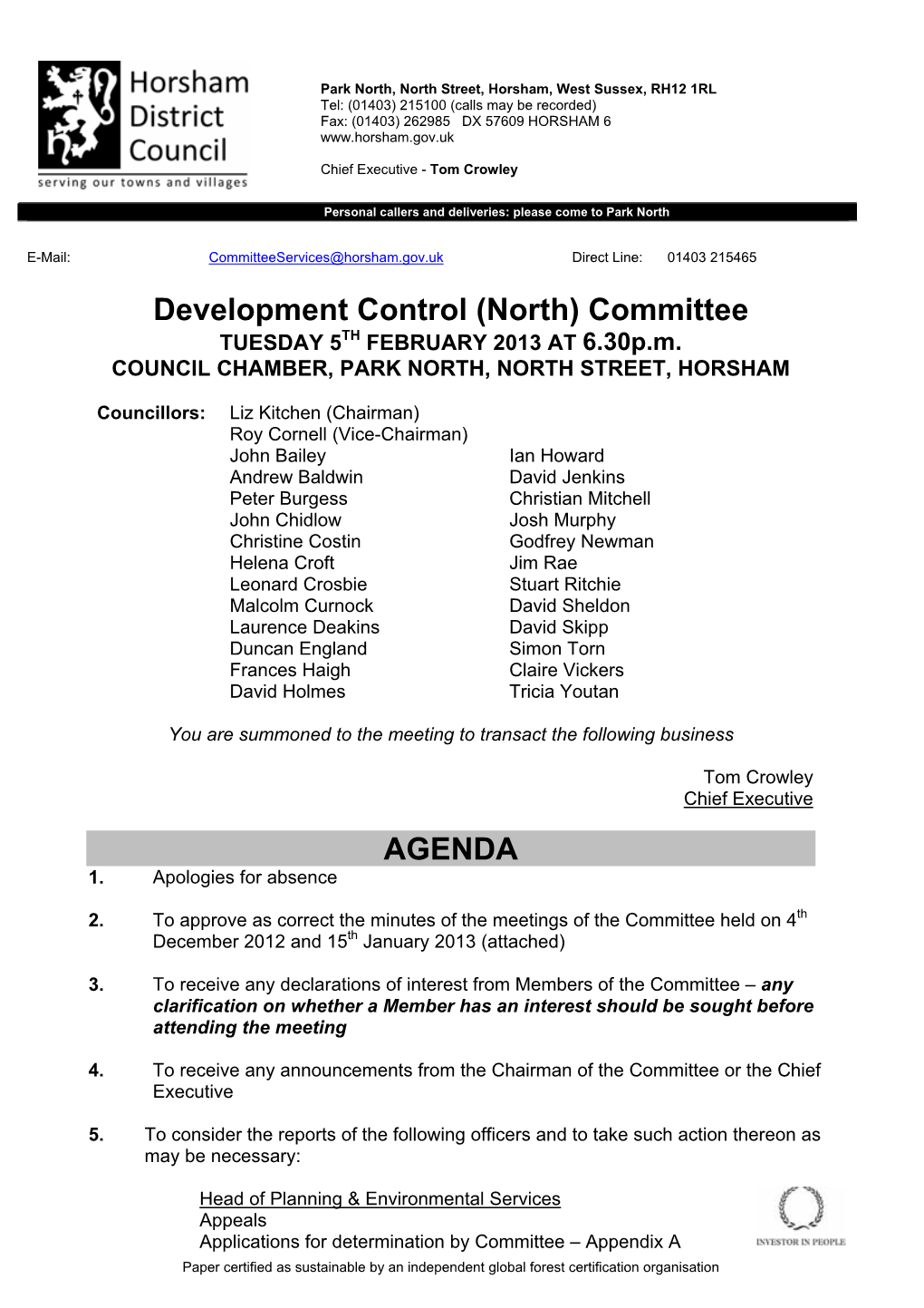 Development Control (North) Committee TUESDAY 5TH FEBRUARY 2013 at 6.30P.M