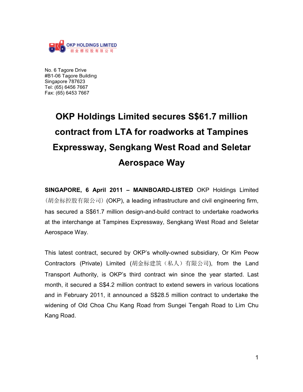 OKP Holdings Limited Secures S$61.7 Million Contract from LTA for Roadworks at Tampines Expressway, Sengkang West Road and Seletar Aerospace Way