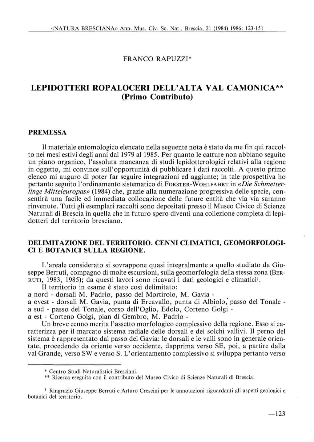 LEPIDOTTERI ROPALOCERI DELL'alta VAL CAMONICA** (Primo Contributo)