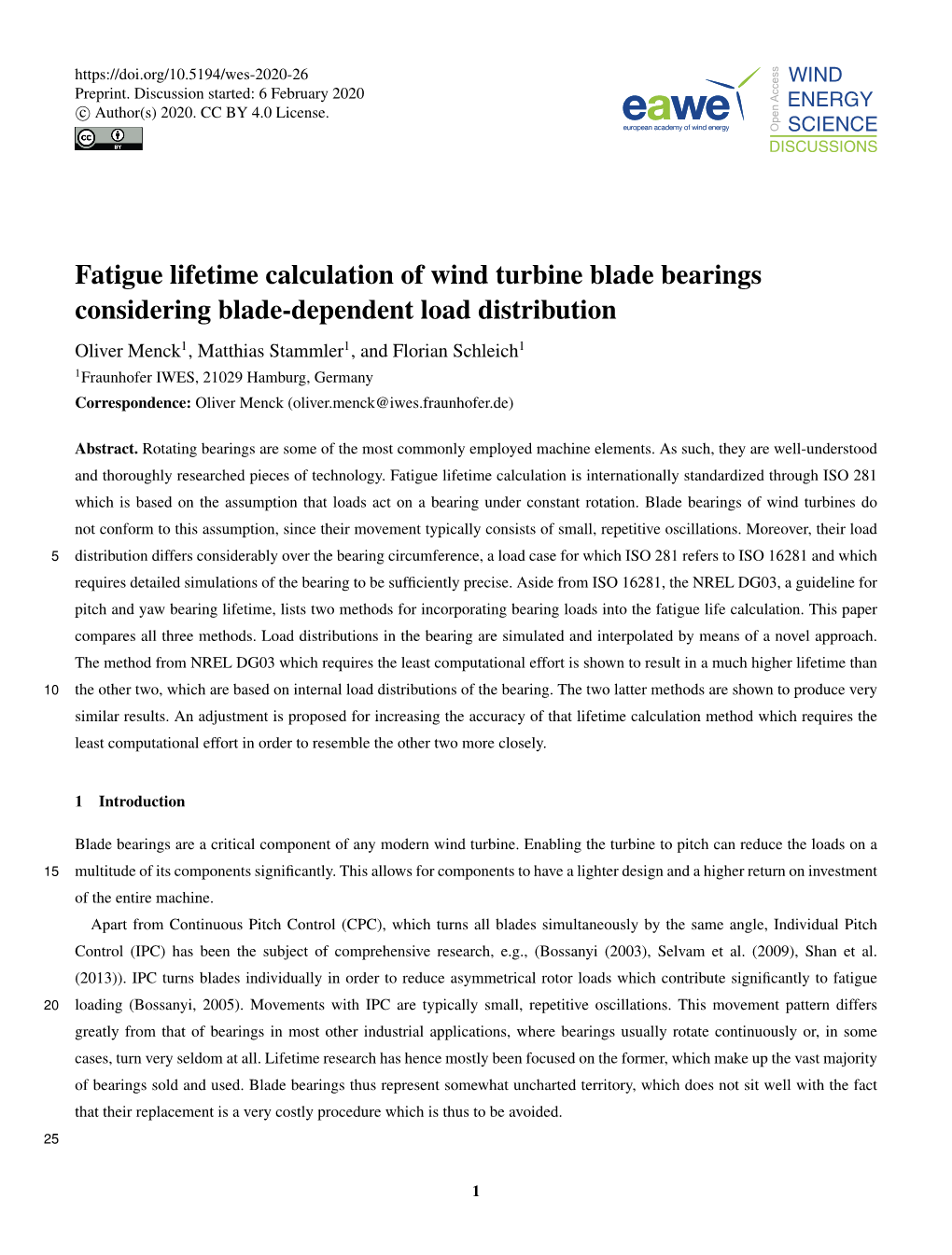 Fatigue Lifetime Calculation of Wind Turbine Blade Bearings Considering Blade-Dependent Load Distribution