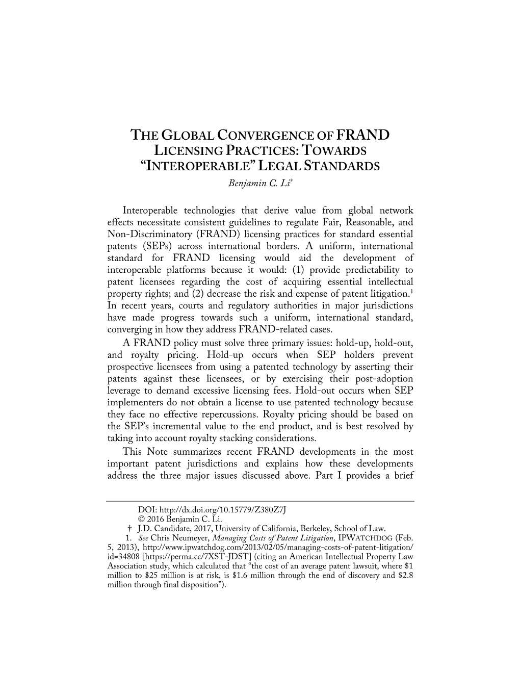 The Global Convergence of Frand Licensing Practices:Towards