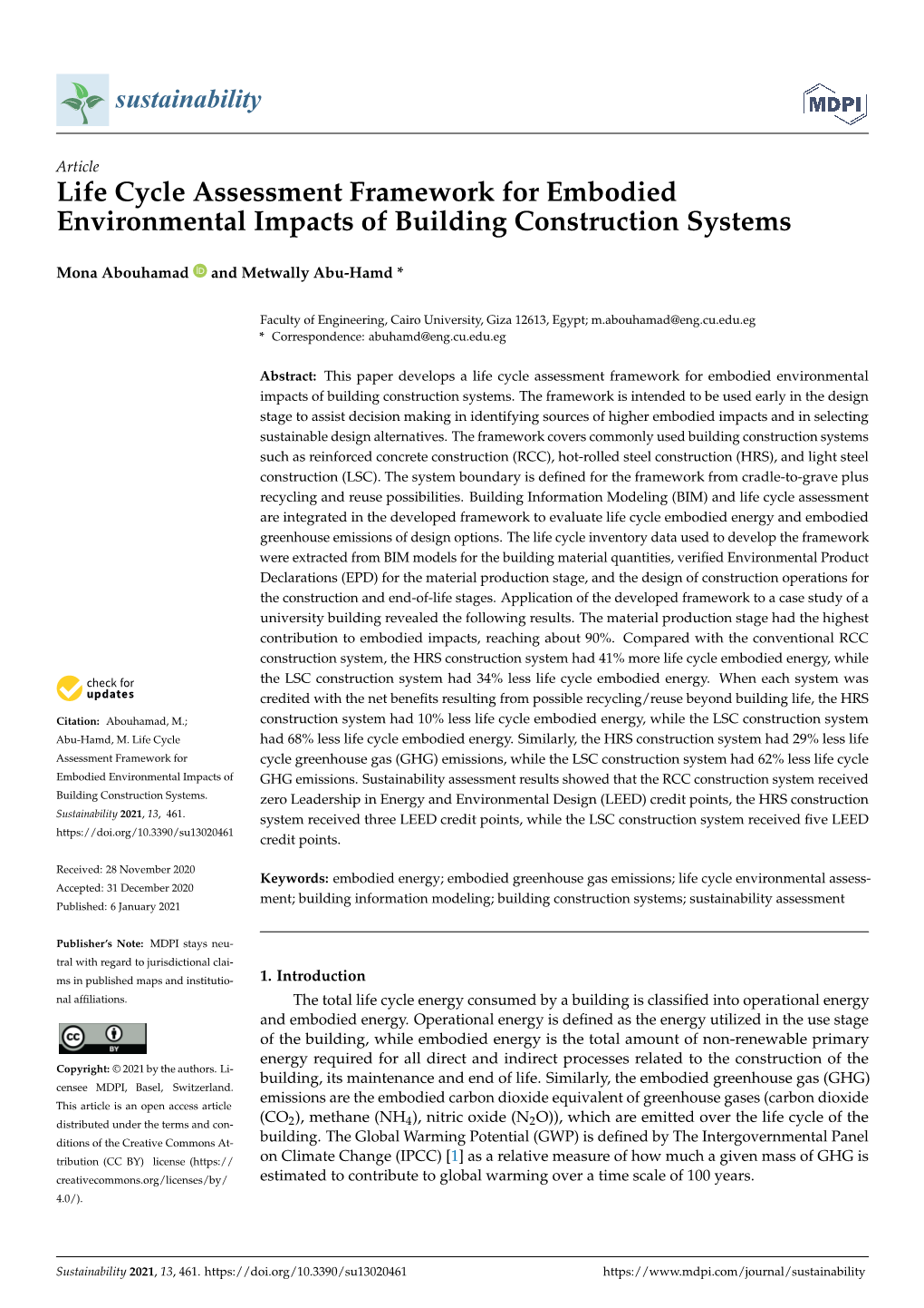 Life Cycle Assessment Framework for Embodied Environmental Impacts of Building Construction Systems