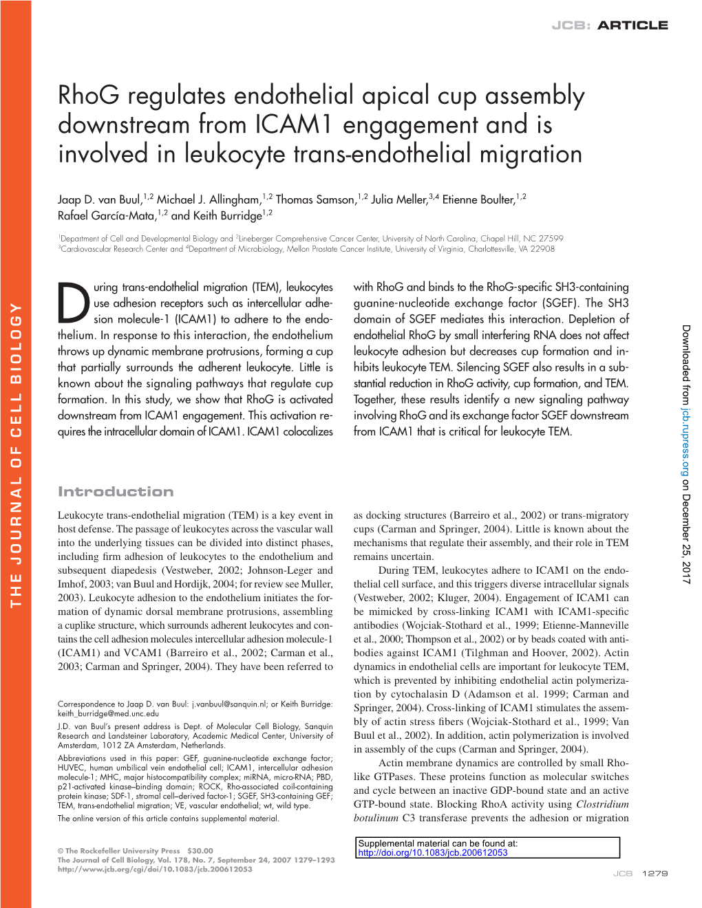 Rhog Regulates Endothelial Apical Cup Assembly Downstream from ICAM1