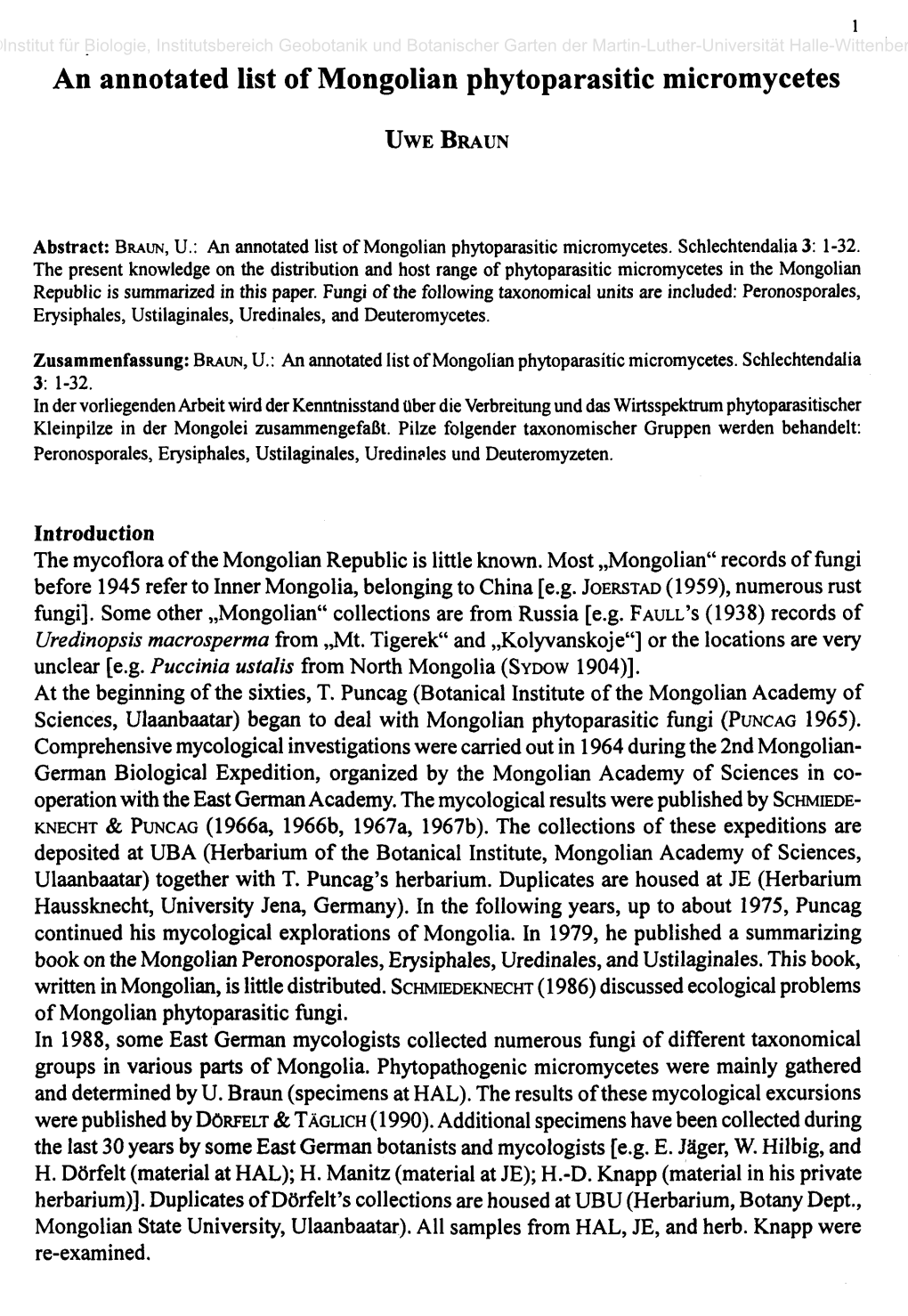 An Annotated List of Mongolian Phytoparasitic Micromycetes