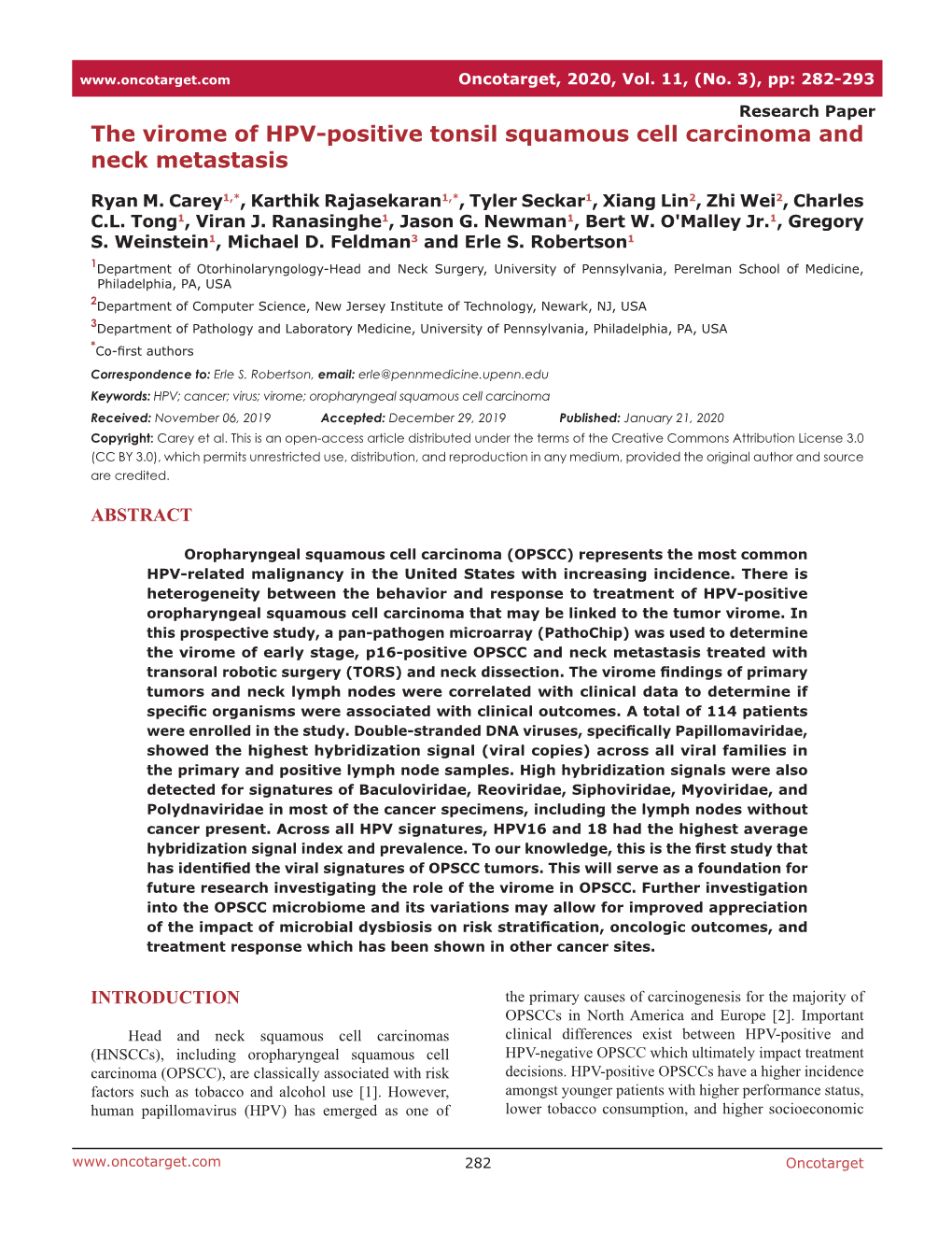 The Virome of HPV-Positive Tonsil Squamous Cell Carcinoma and Neck Metastasis