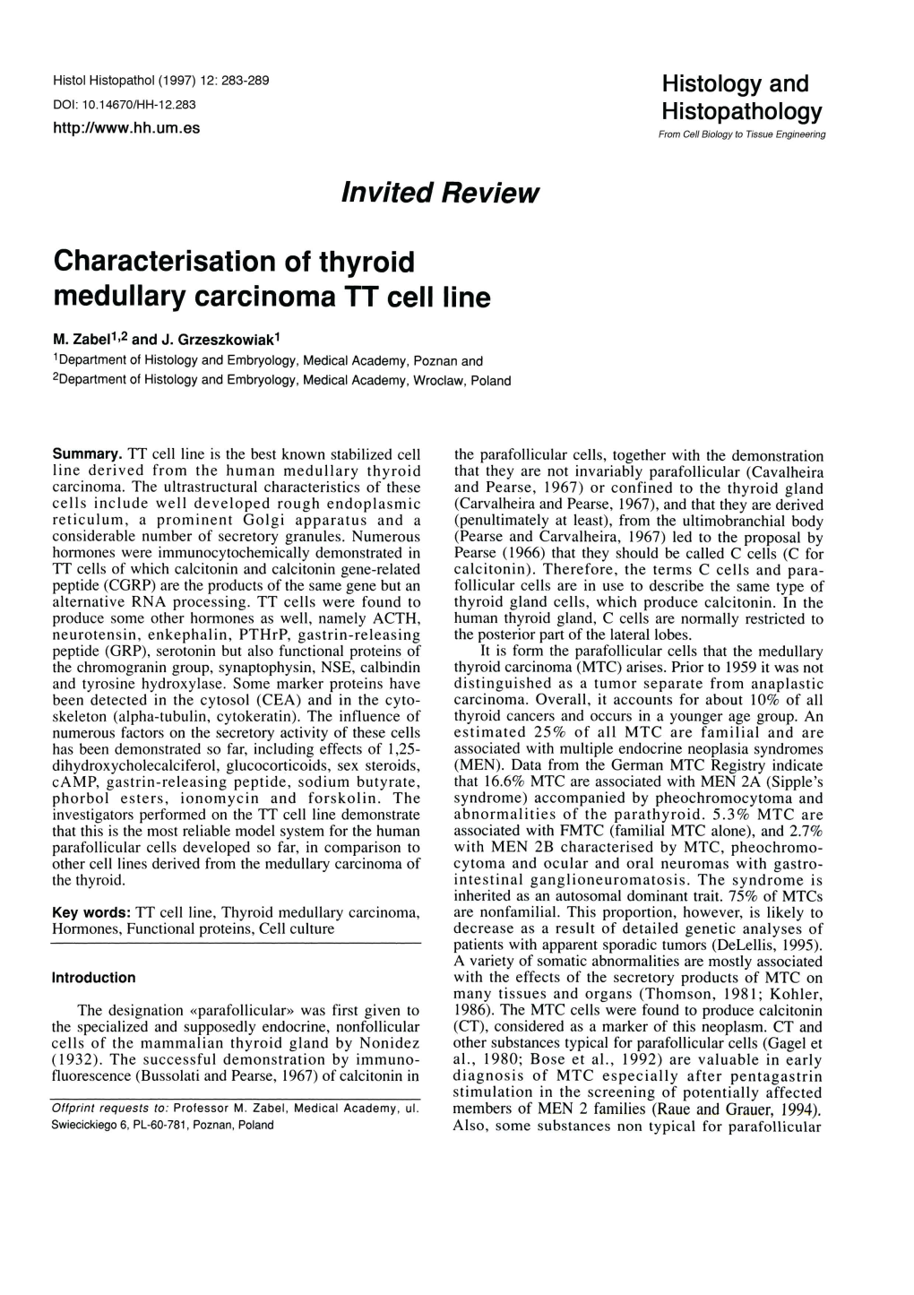 Invited Review Characterisation of Thyroid Medullary Carcinoma TT Cell