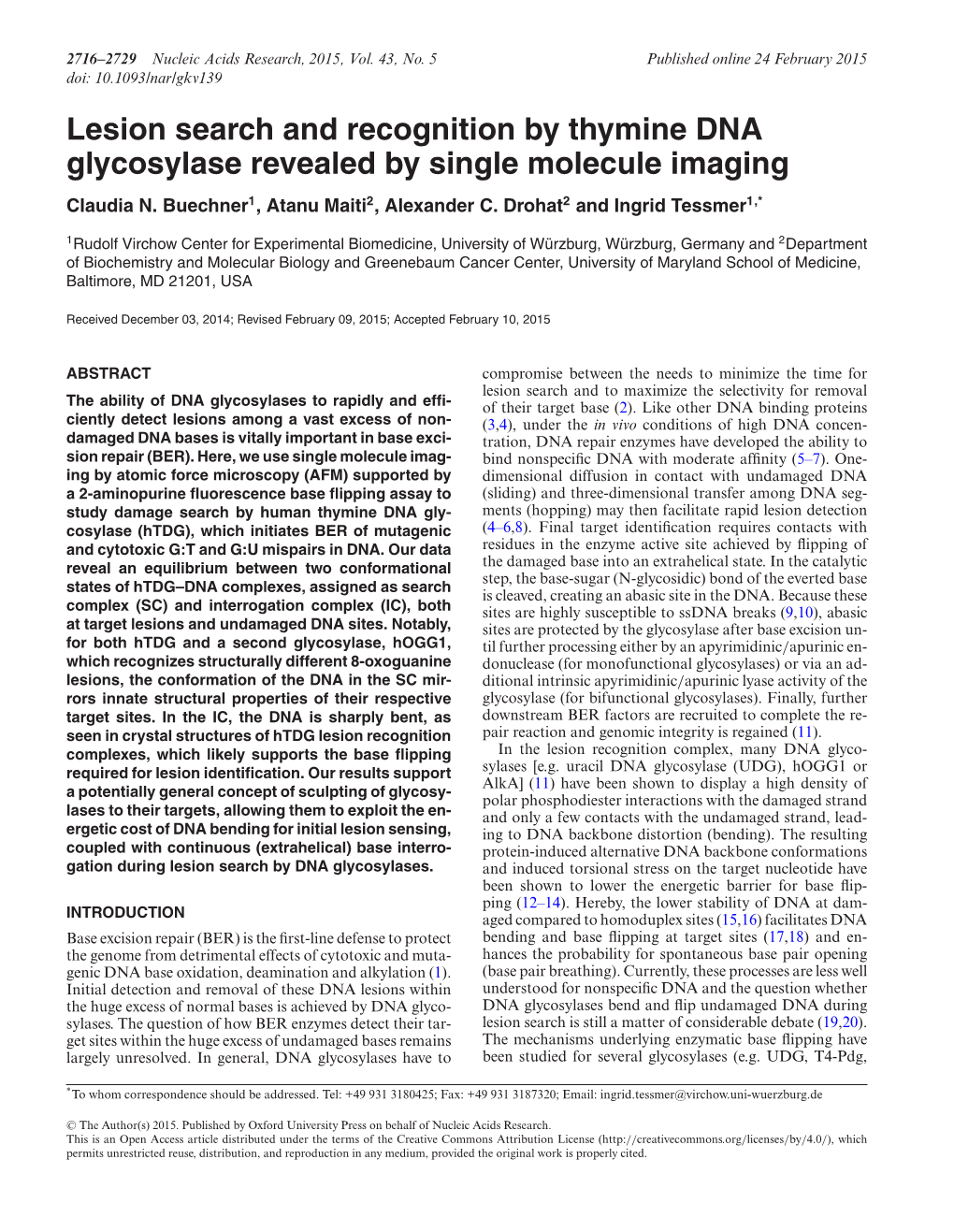 Lesion Search and Recognition by Thymine DNA Glycosylase Revealed by Single Molecule Imaging Claudia N
