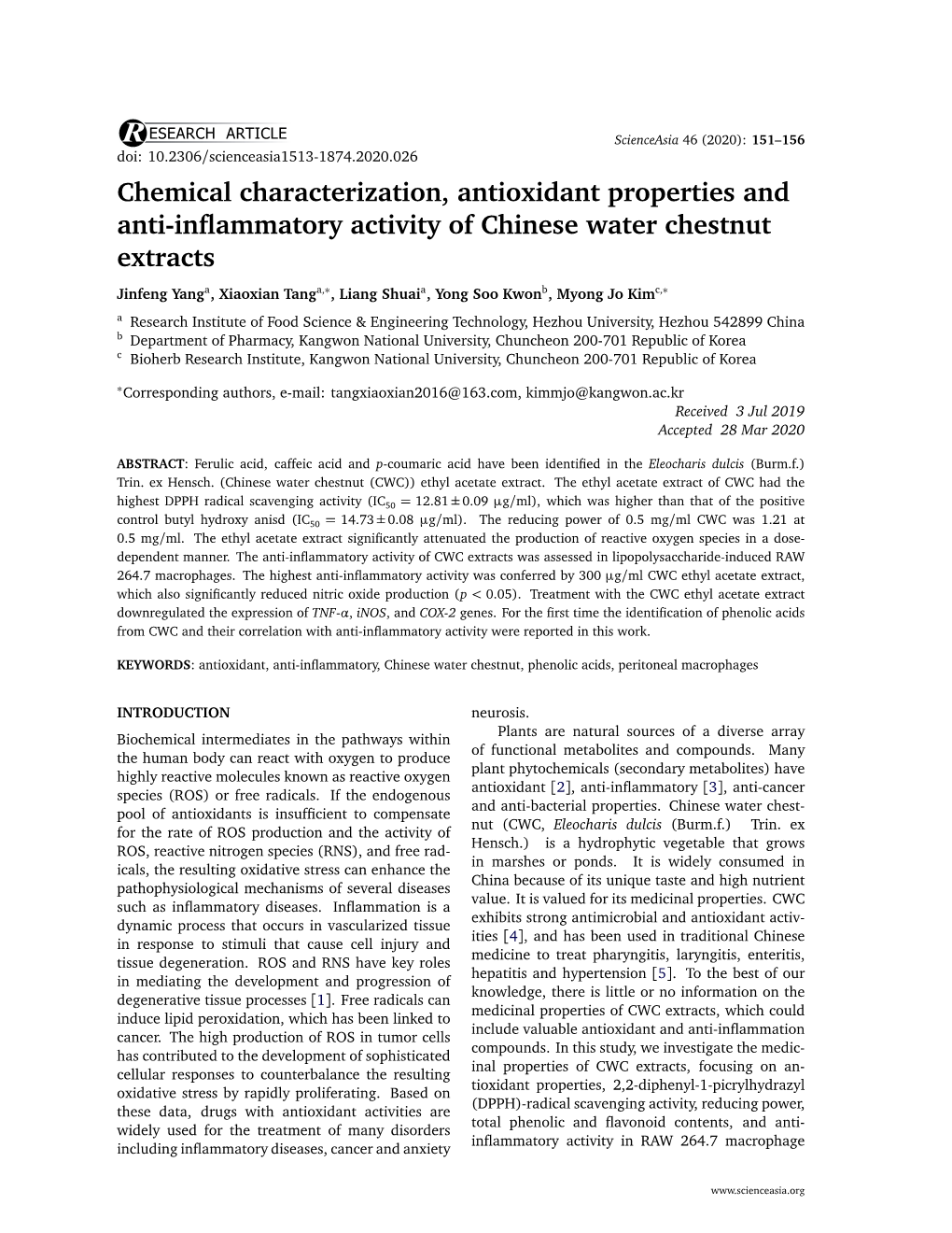 Chemical Characterization, Antioxidant Properties and Anti-Inflammatory