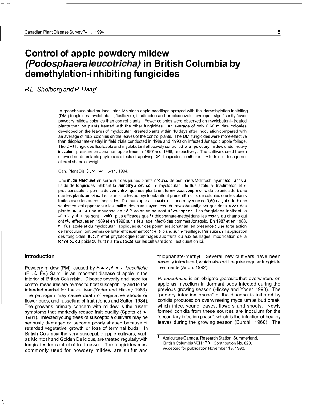 Control of Apple Powdery Mildew (Podosphaera Leucotricha) in British Columbia by Demet Hy Lation-In Hi Bi Ti Ng Fungicides