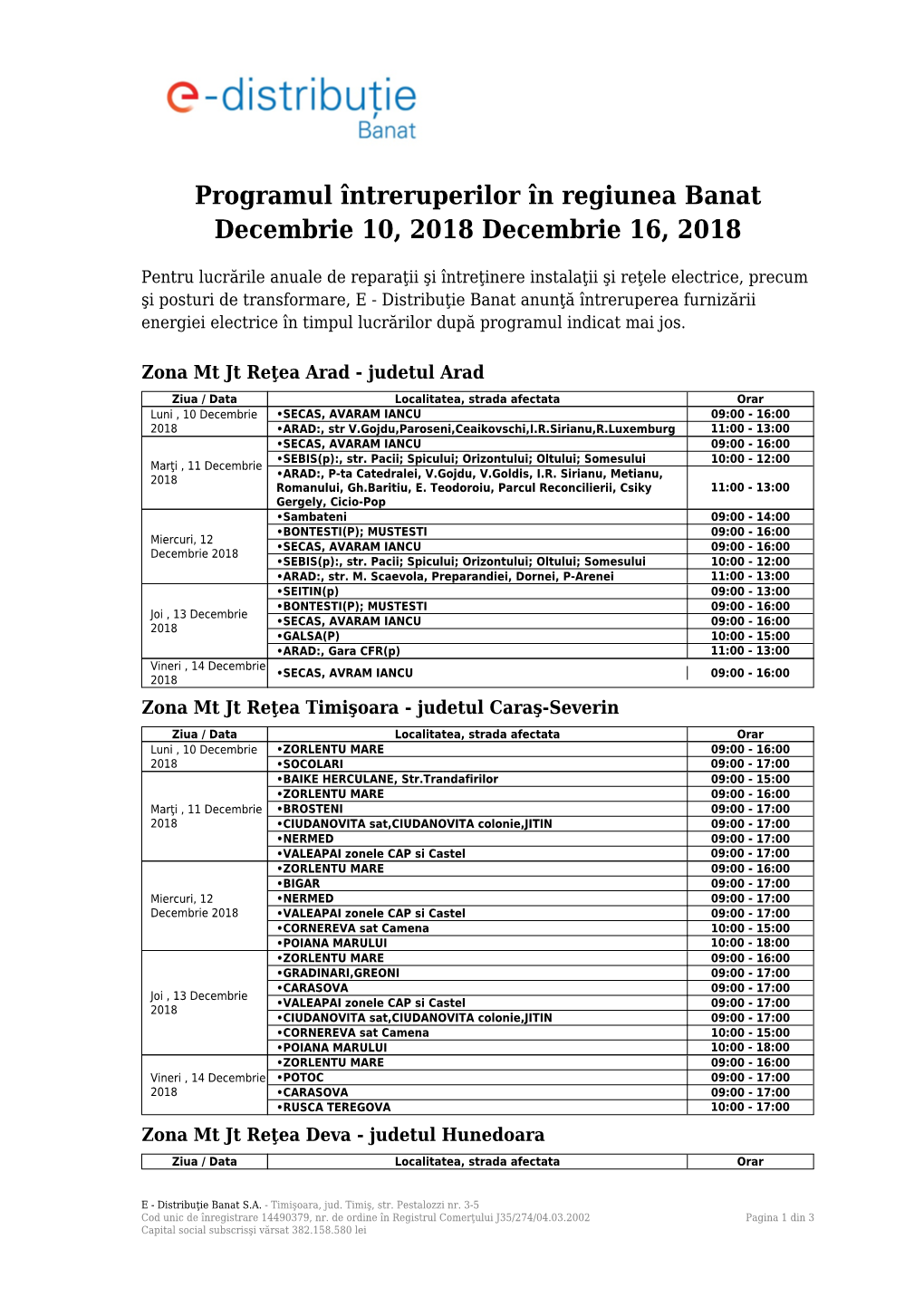 Programul Întreruperilor În Regiunea Banat Decembrie 10, 2018 Decembrie 16, 2018