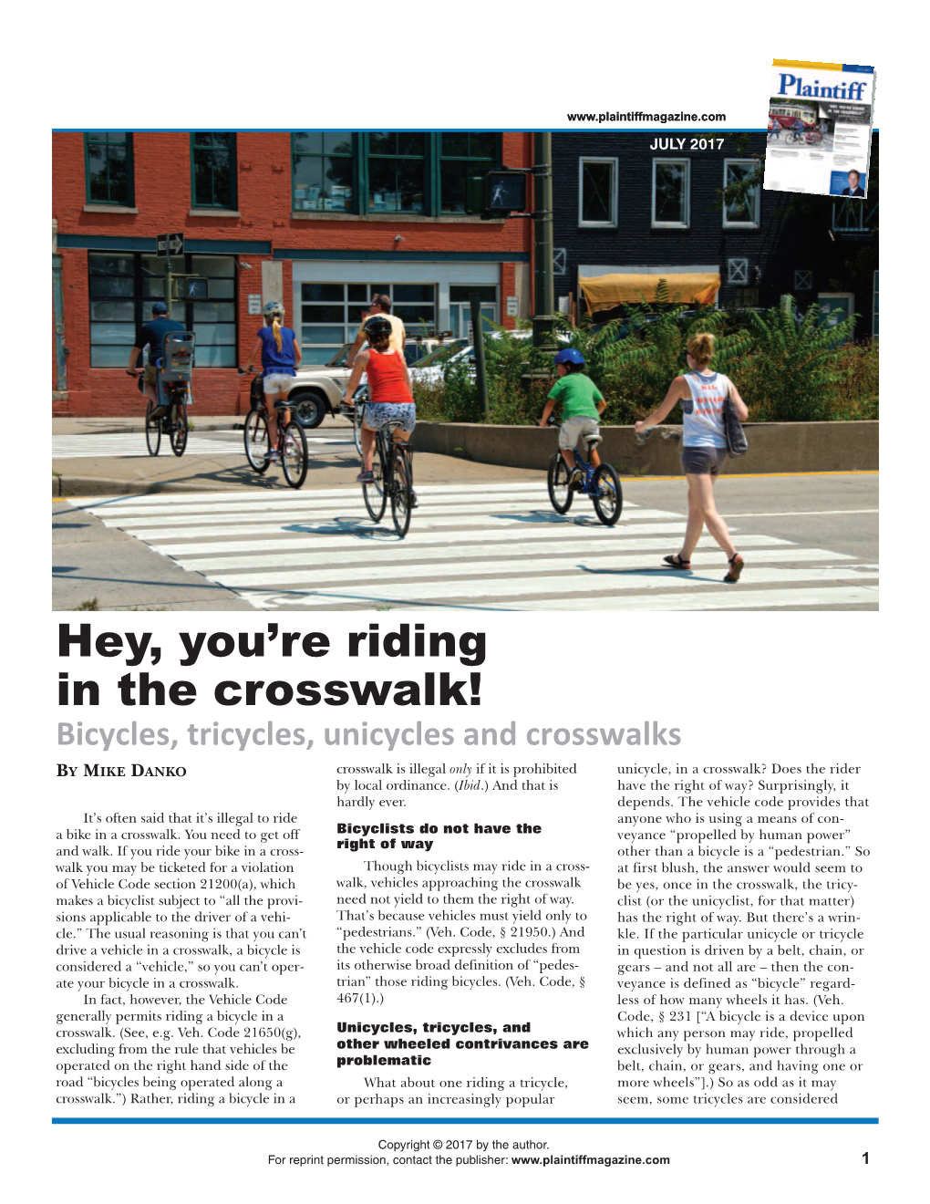 Hey, You're Riding in the Crosswalk! Plaintiff-Magazine