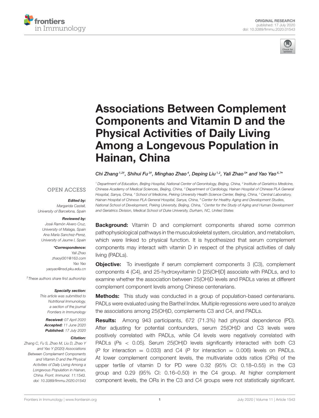 Associations Between Complement Components and Vitamin D and the Physical Activities of Daily Living Among a Longevous Population in Hainan, China