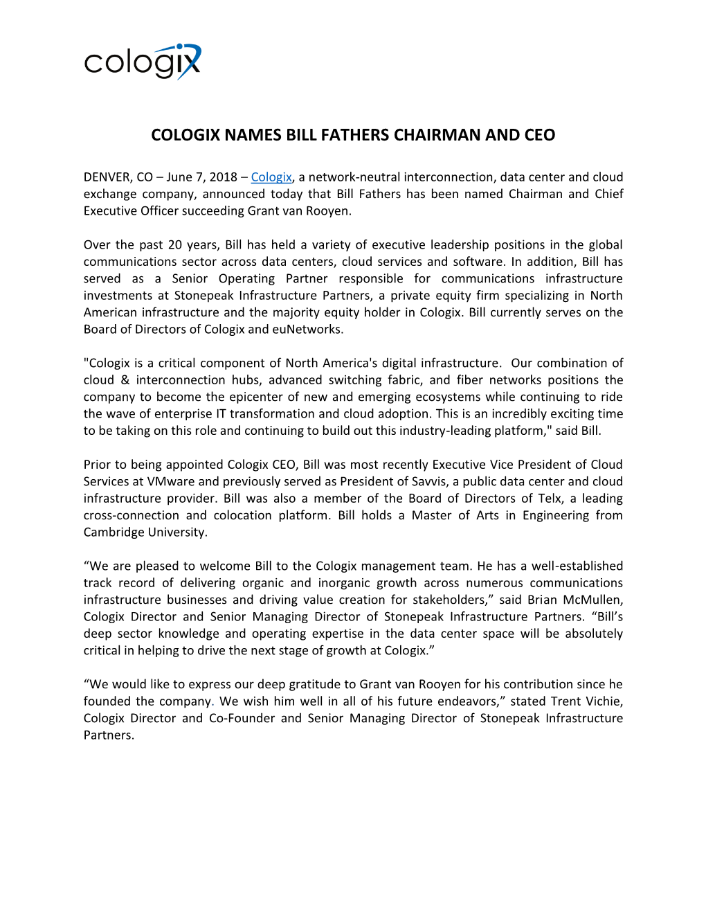 Cologix Names Bill Fathers Chairman and Ceo