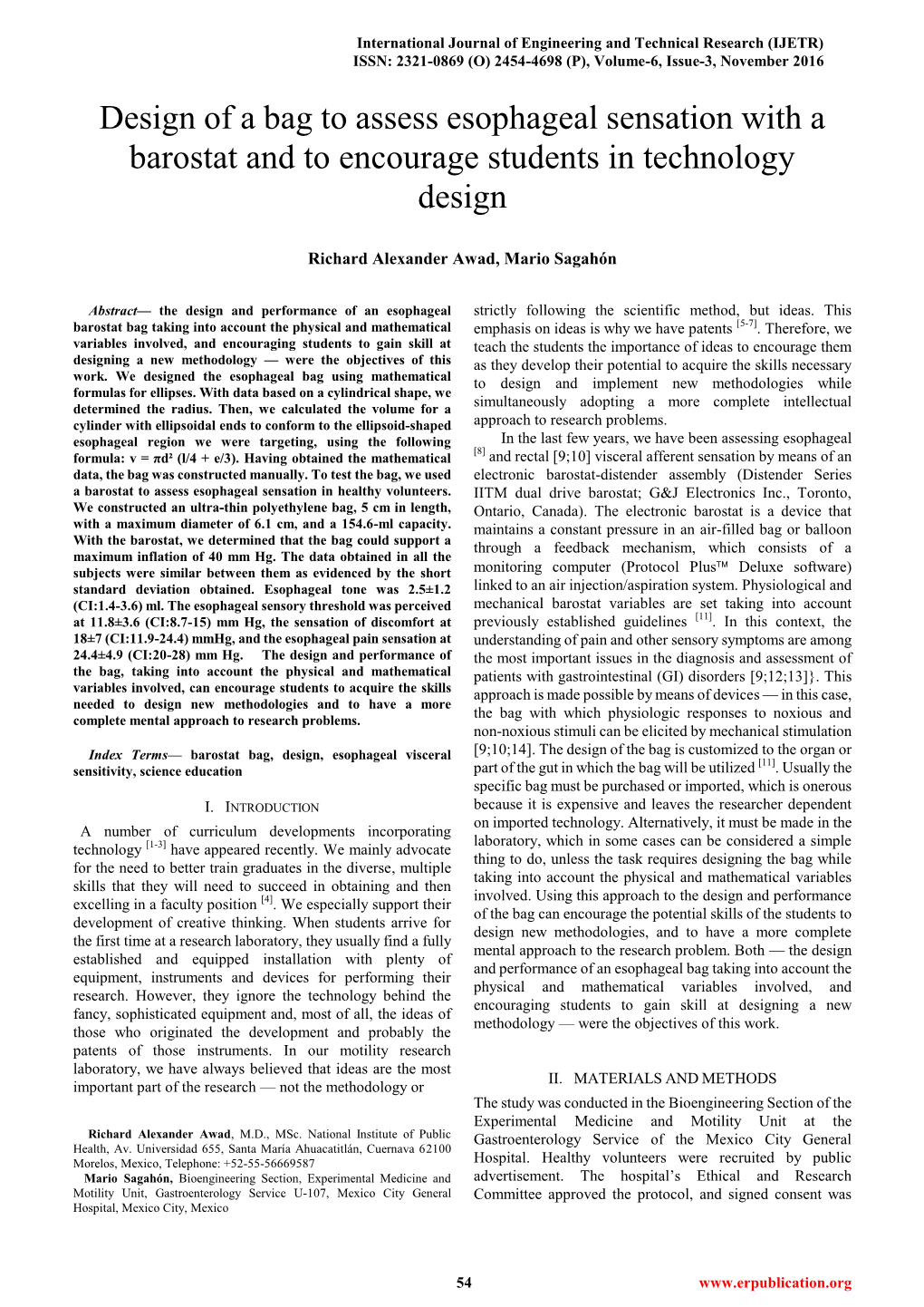 Design of a Bag to Assess Esophageal Sensation with a Barostat and to Encourage Students in Technology Design