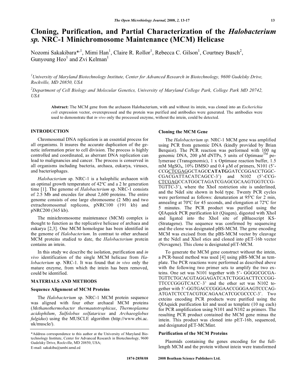 Cloning, Purification, and Partial Characterization of the Halobacterium Sp