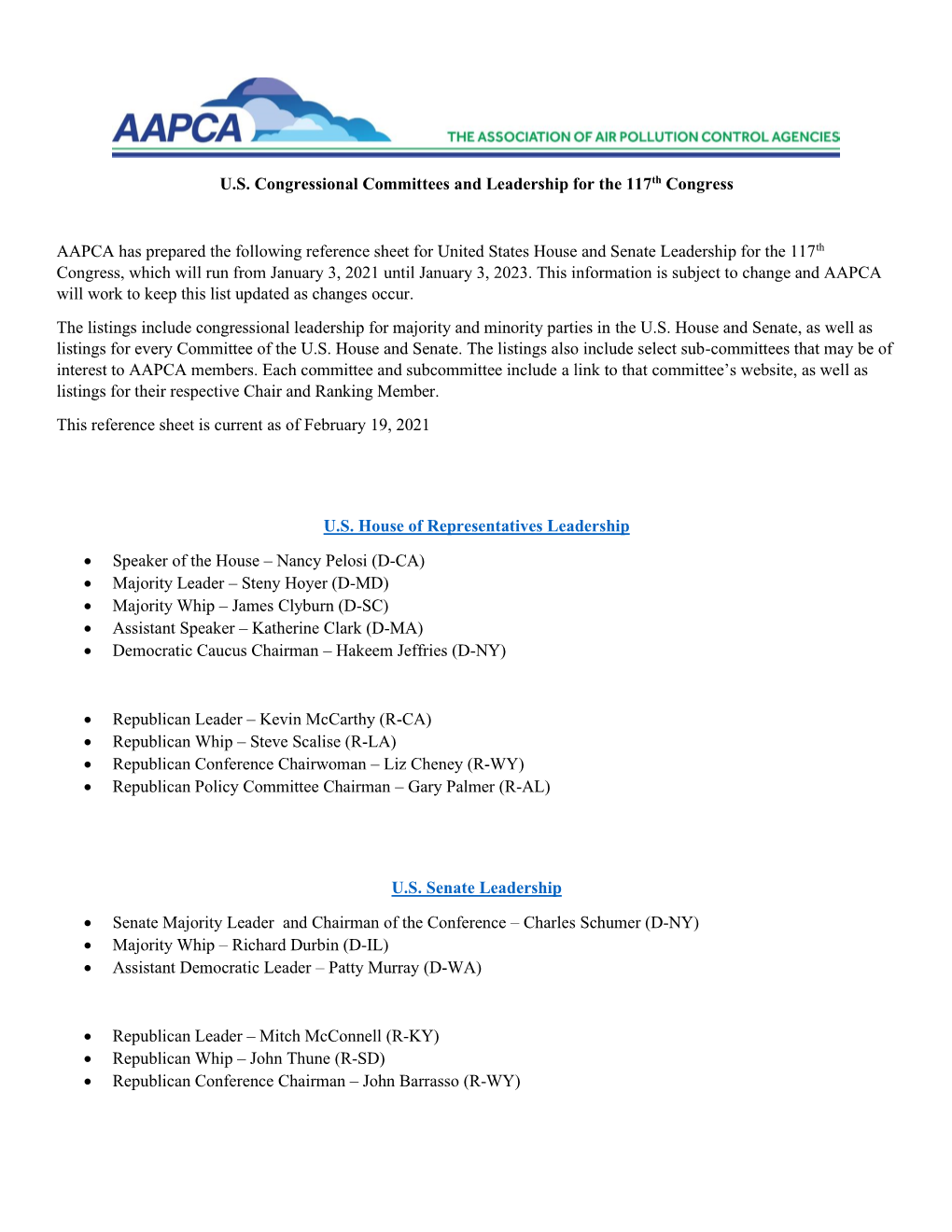 U.S. Congressional Committees and Leadership for the 117Th Congress