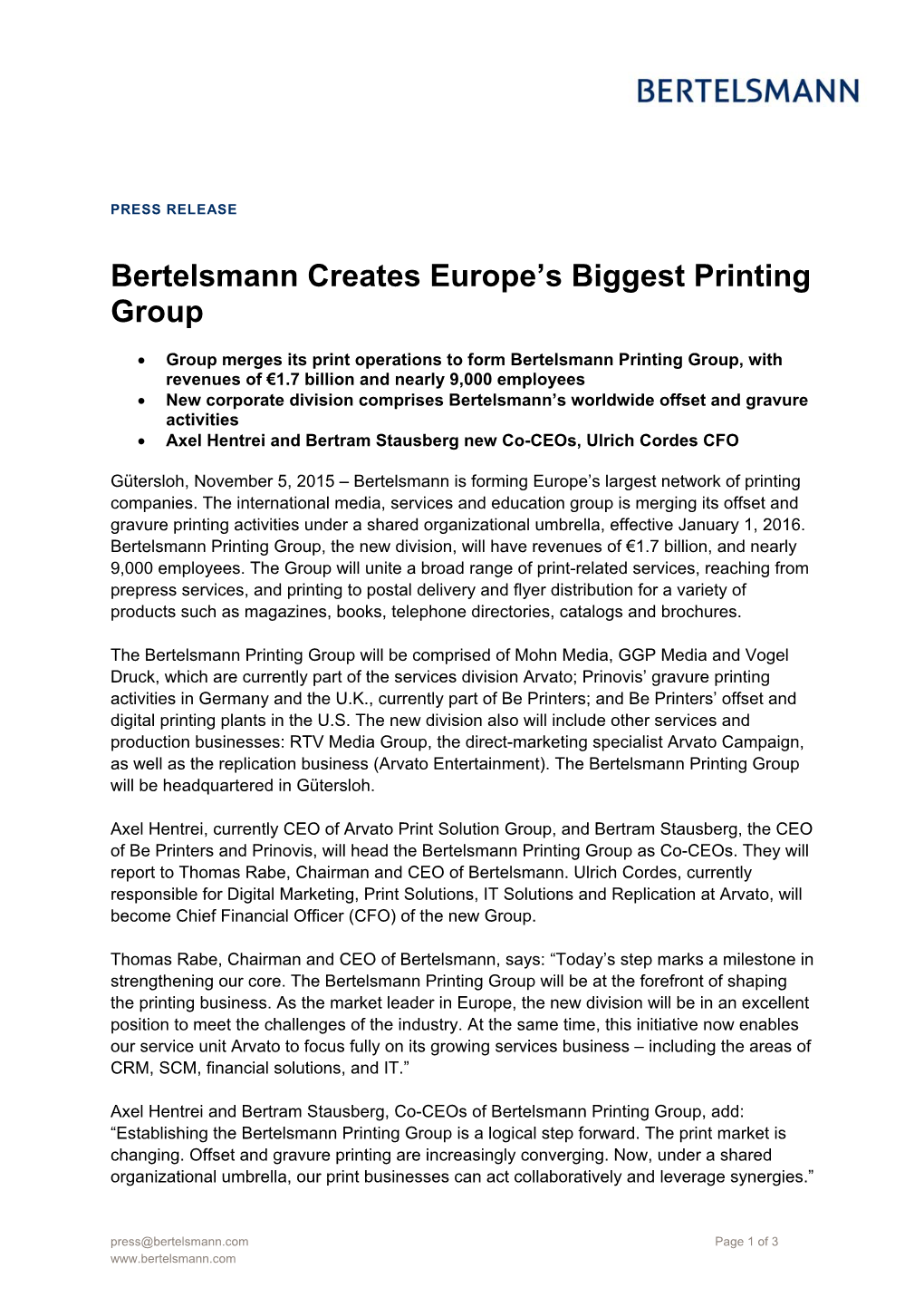 Bertelsmann Creates Europe's Biggest Printing Group