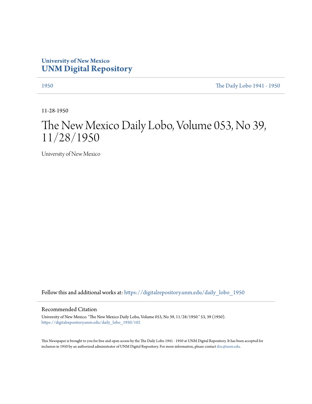 The New Mexico Daily Lobo, Volume 053, No 39, 11/28/1950