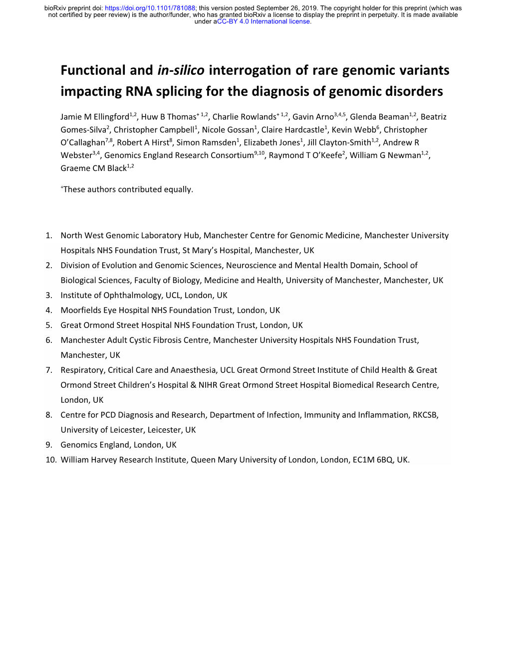 Functional and In-Silico Interrogation of Rare Genomic Variants Impacting RNA Splicing for the Diagnosis of Genomic Disorders