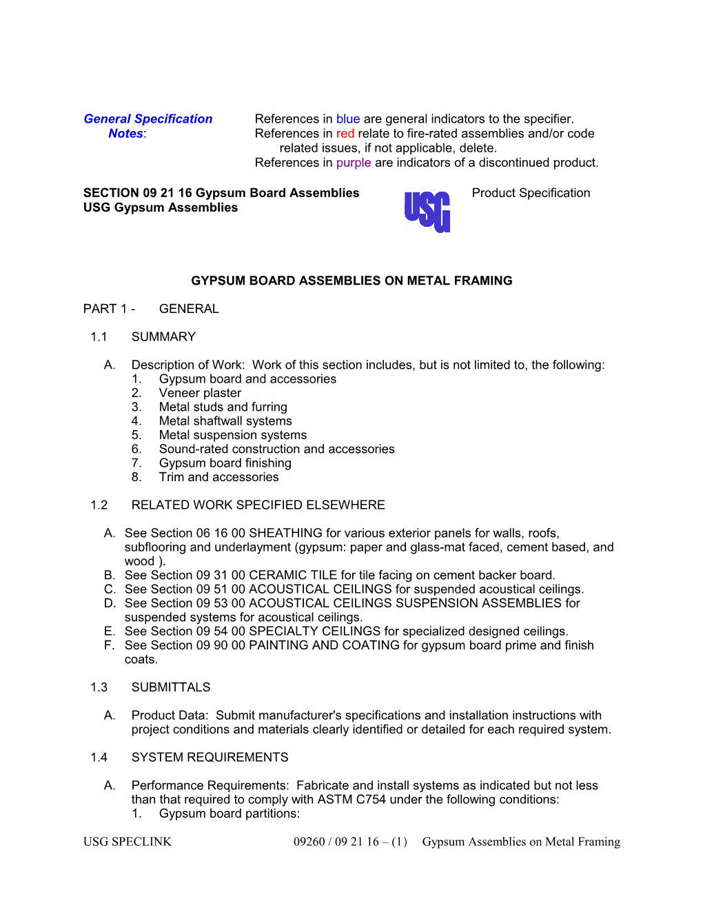 SECTION 09260 - Gypsum Board Assemblies On Metal Framing Document