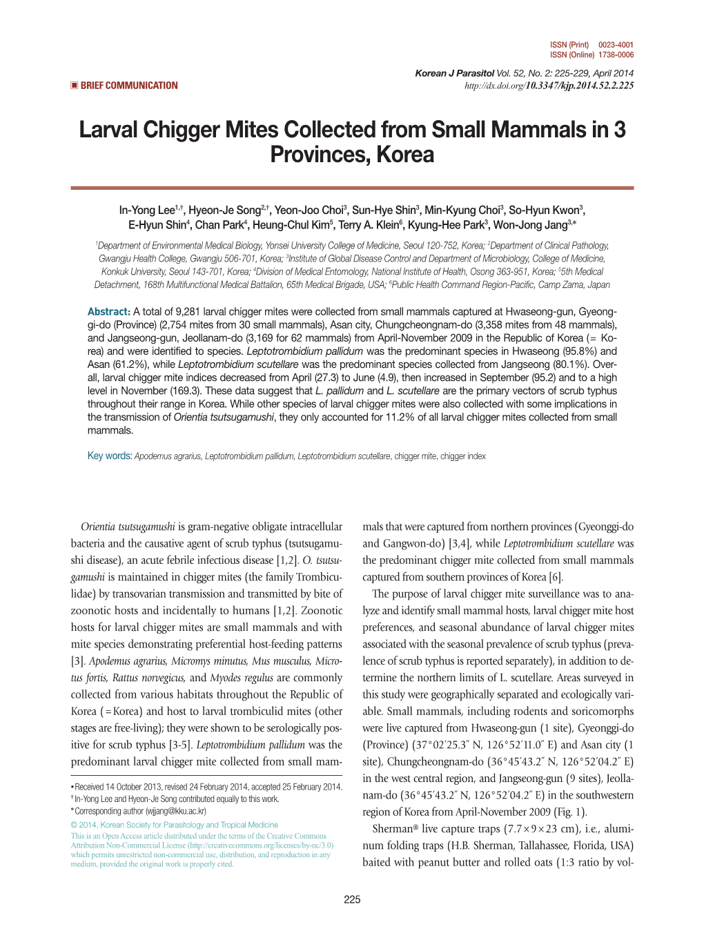 Larval Chigger Mites Collected from Small Mammals in 3 Provinces, Korea