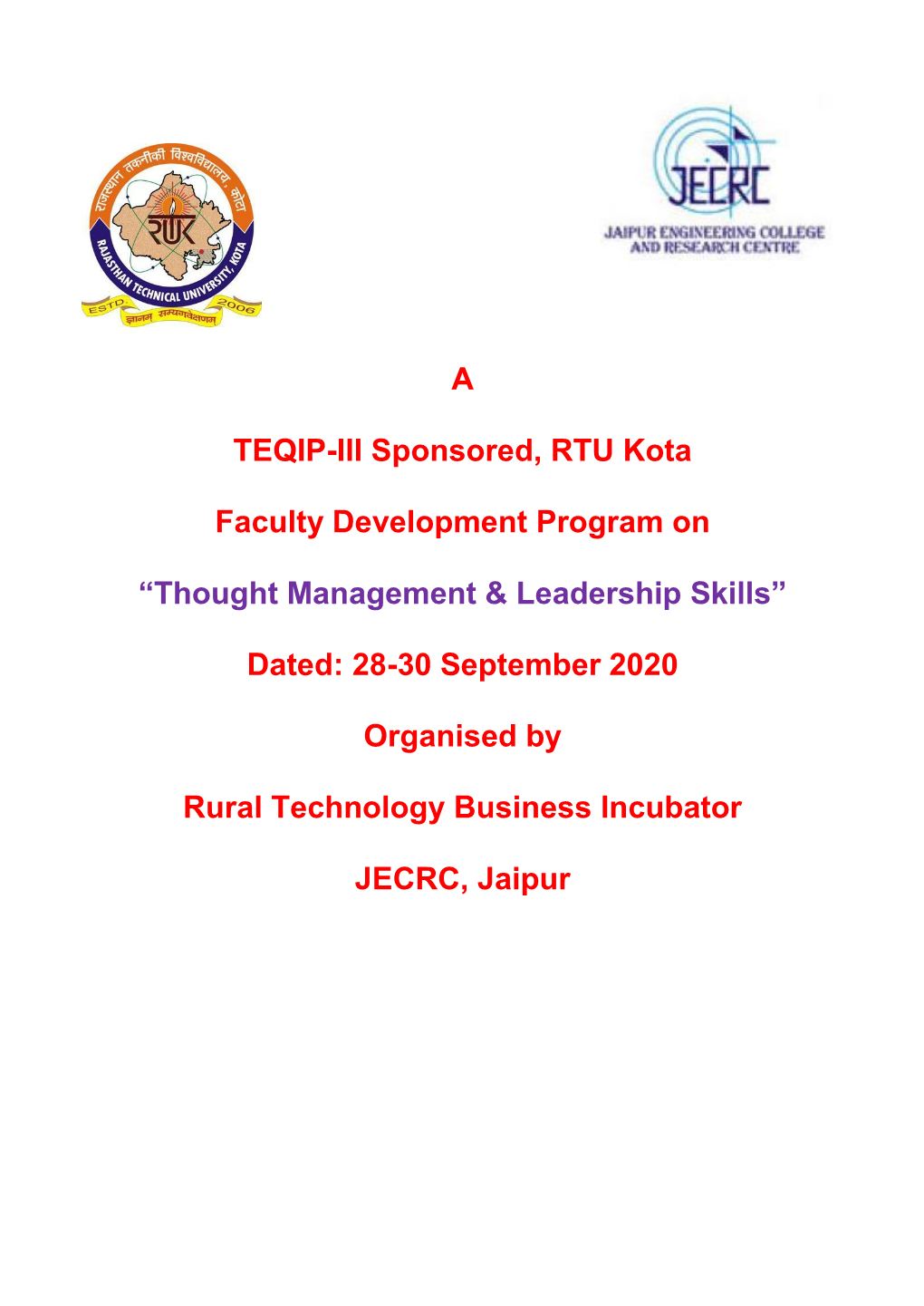A TEQIP-III Sponsored, RTU Kota Faculty Development Program On