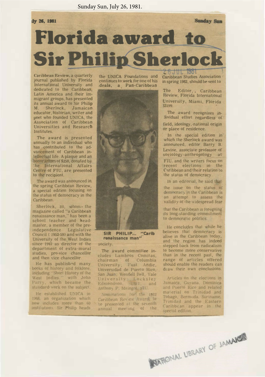 Florida Award to Sir Philip Sherlock