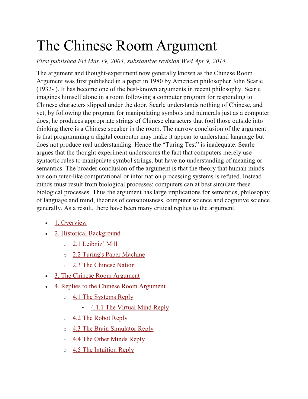 The Chinese Room Argument, the Stanford Encyclopedia