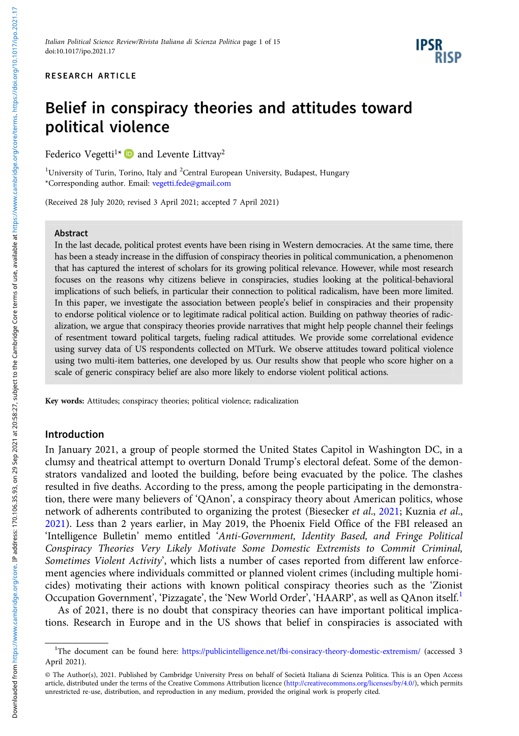 Belief in Conspiracy Theories and Attitudes Toward Political Violence