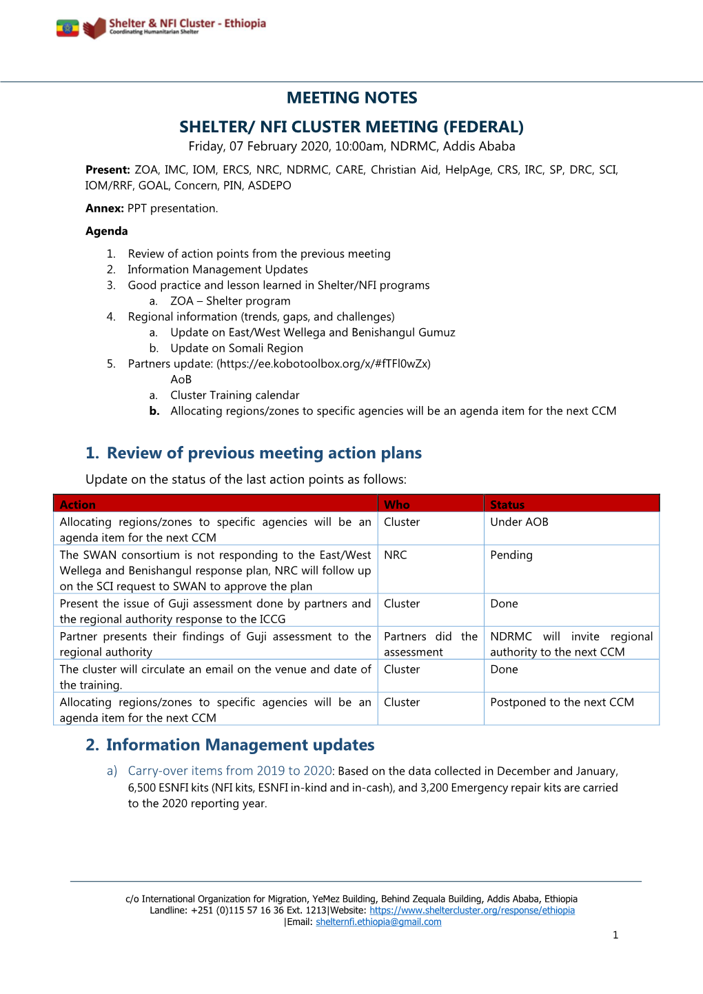 Meeting Notes Shelter/ Nfi Cluster Meeting (Federal) 1