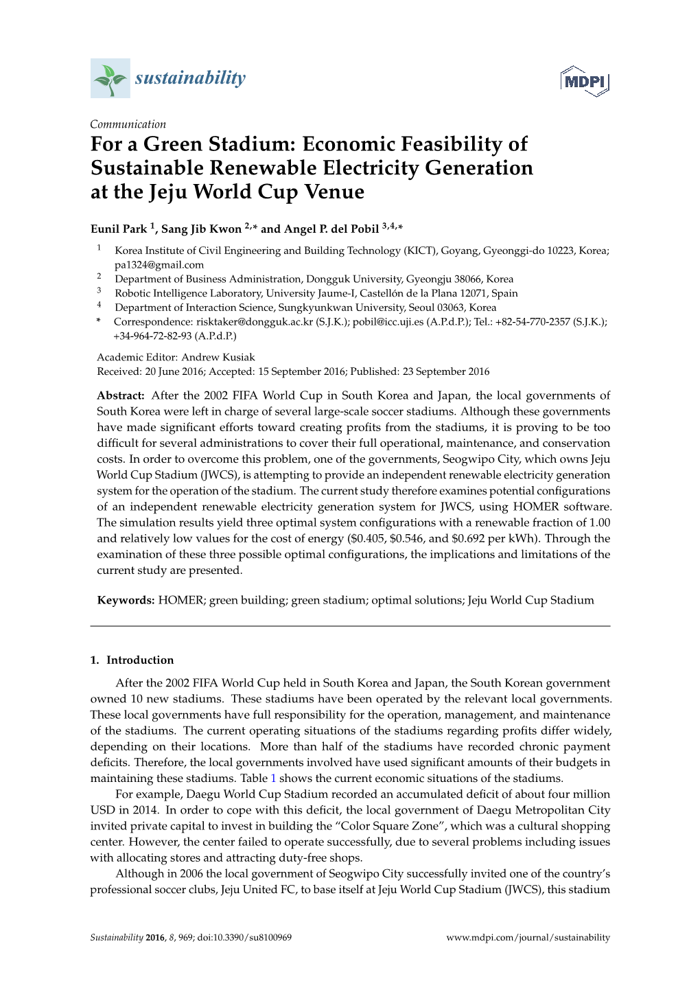 For a Green Stadium: Economic Feasibility of Sustainable Renewable Electricity Generation at the Jeju World Cup Venue