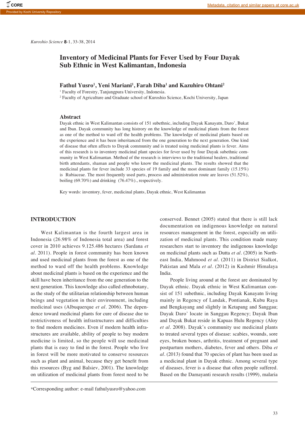 Inventory of Medicinal Plants for Fever Used by Four Dayak Sub Ethnic in West Kalimantan, Indonesia