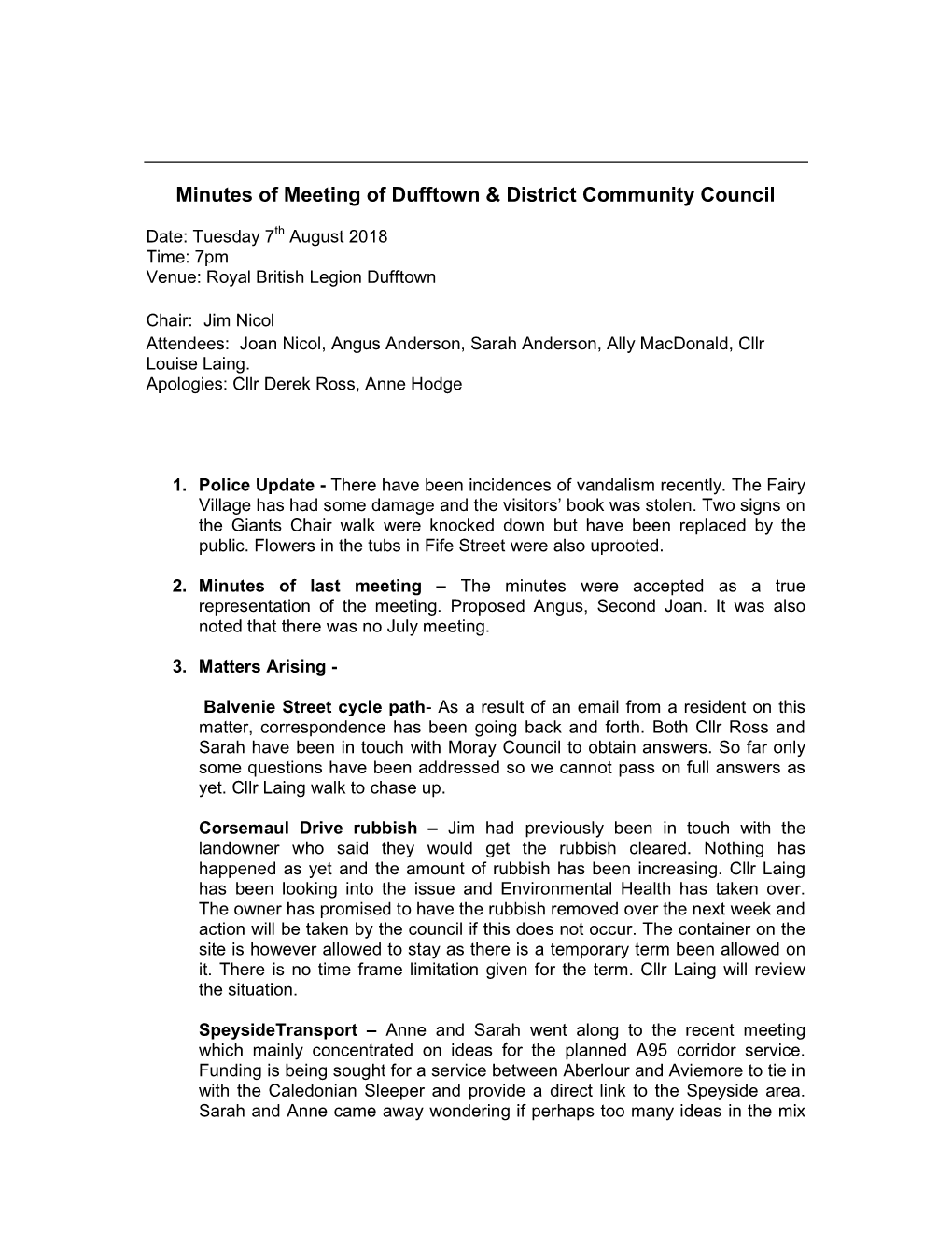 Minutes of Meeting of Dufftown & District Community Council