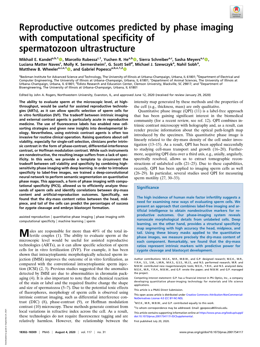 Reproductive Outcomes Predicted by Phase Imaging with Computational Specificity of Spermatozoon Ultrastructure