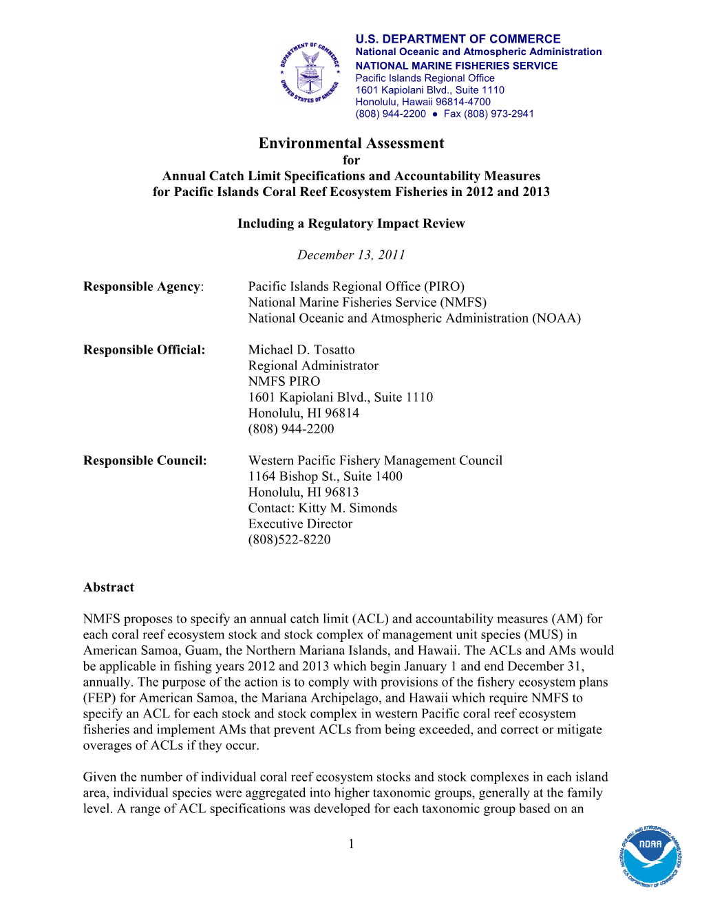 Environmental Assessment for Annual Catch Limit Specifications and Accountability Measures for Pacific Islands Coral Reef Ecosystem Fisheries in 2012 and 2013