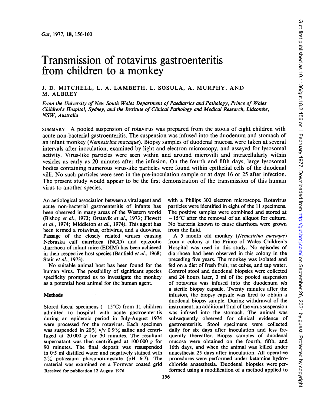 Transmission of Rotavirus Gastroenteritis from Children to a Monkey