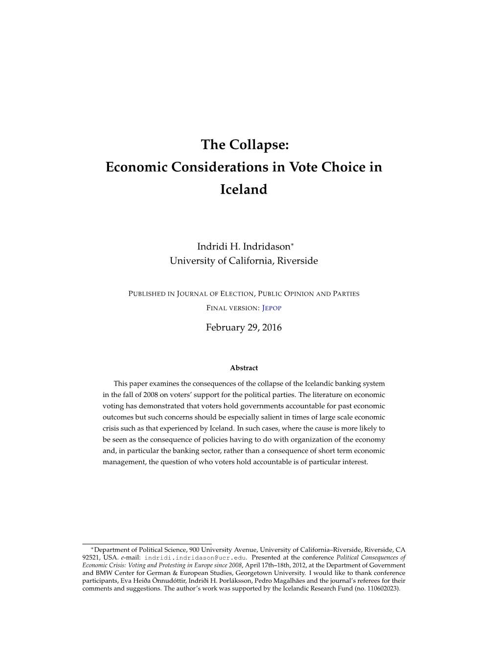 The Collapse: Economic Considerations in Vote Choice in Iceland