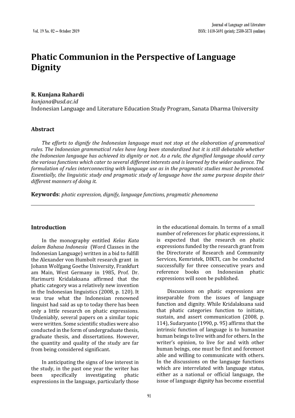 Phatic Communion in the Perspective of Language Dignity