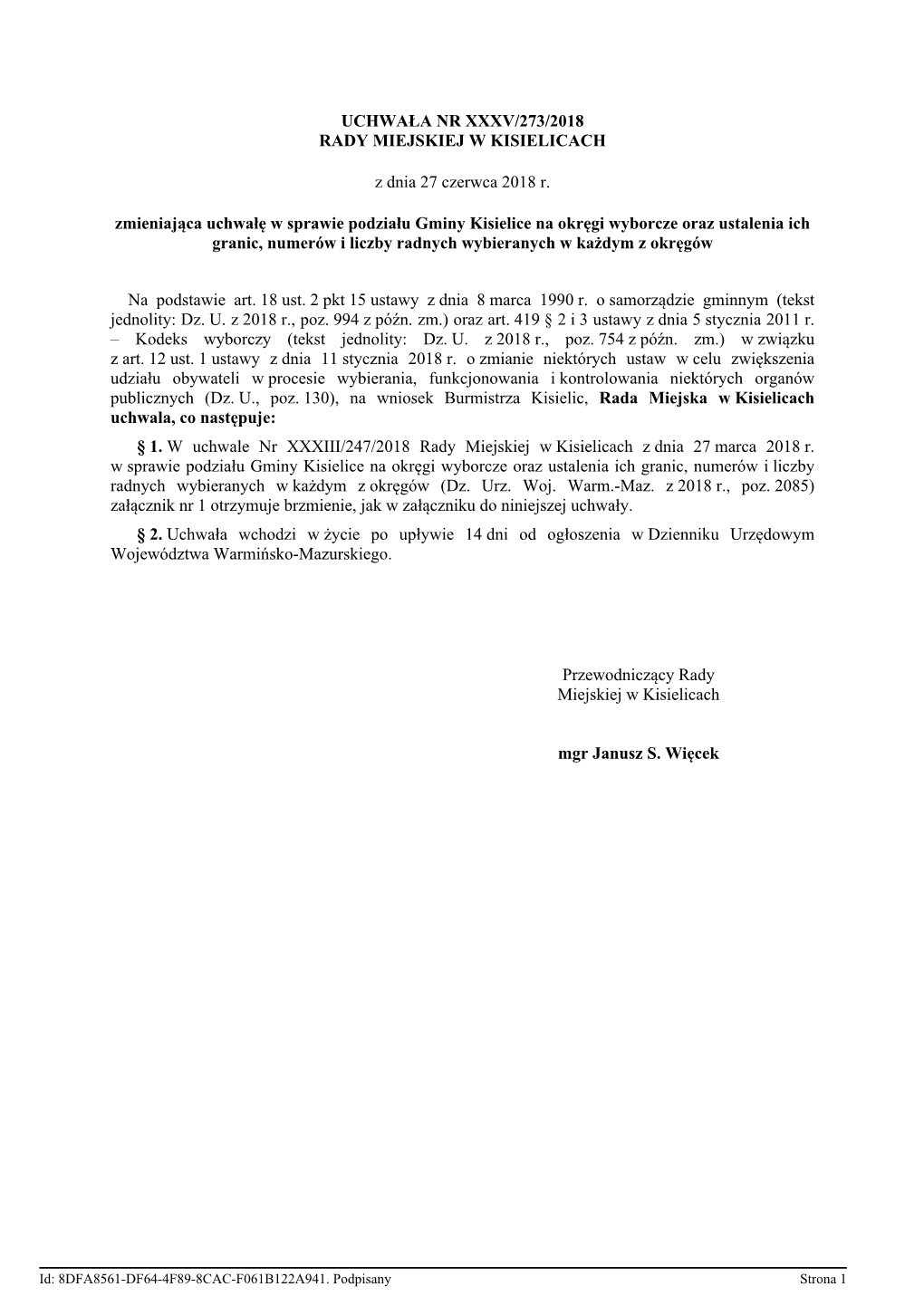 Uchwała Nr Xxxv/273/2018 Rady Miejskiej W Kisielicach
