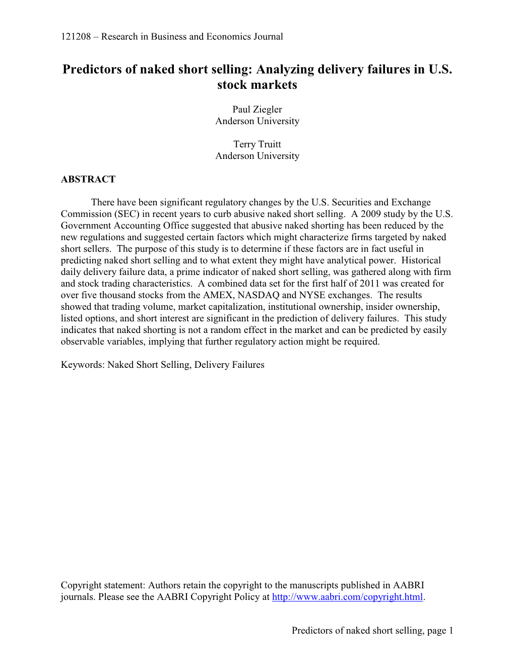 Predictors of Naked Short Selling: Analyzing Delivery Failures in U.S