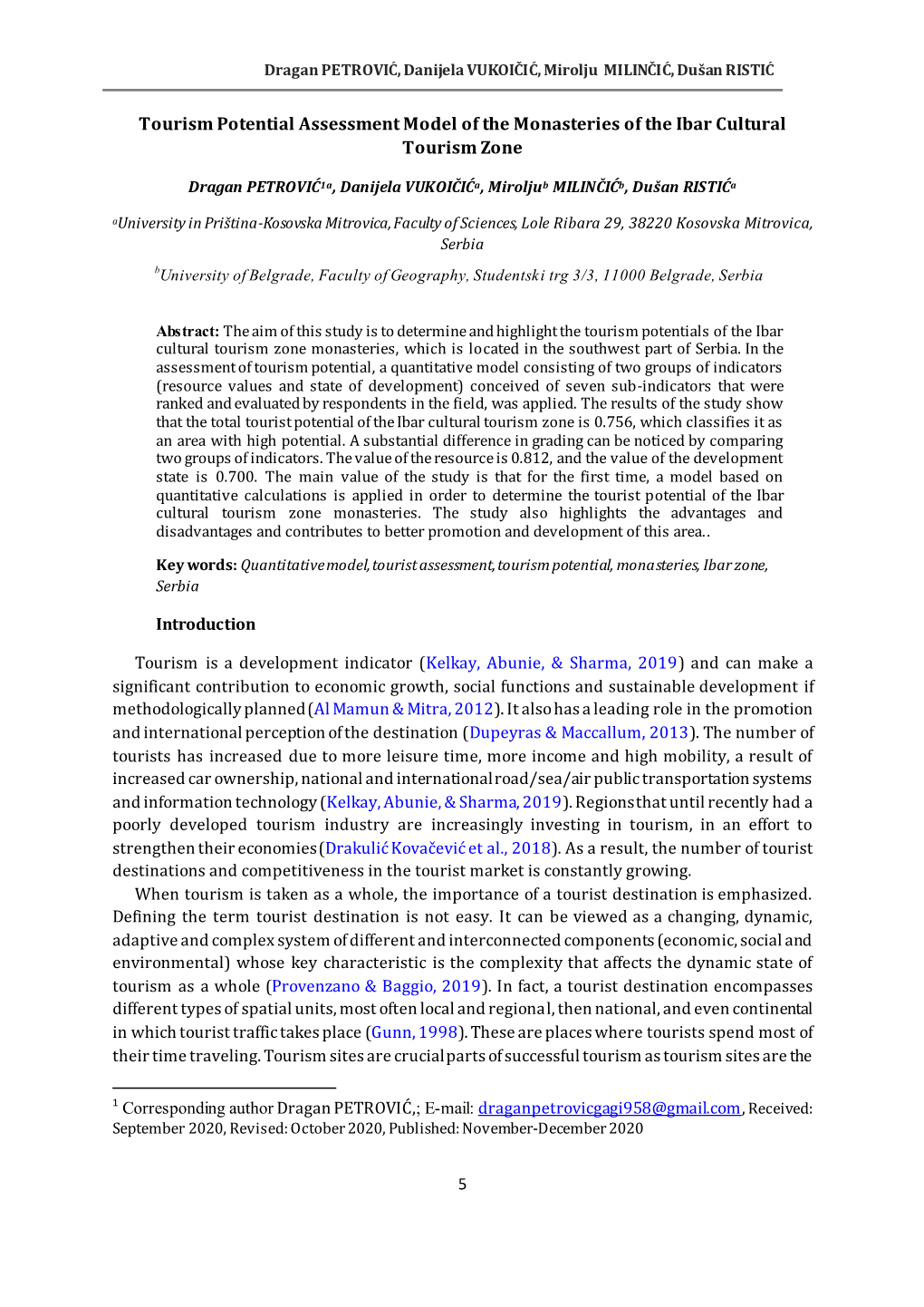 Tourism Potential Assessment Model of the Monasteries of the Ibar Cultural Tourism Zone