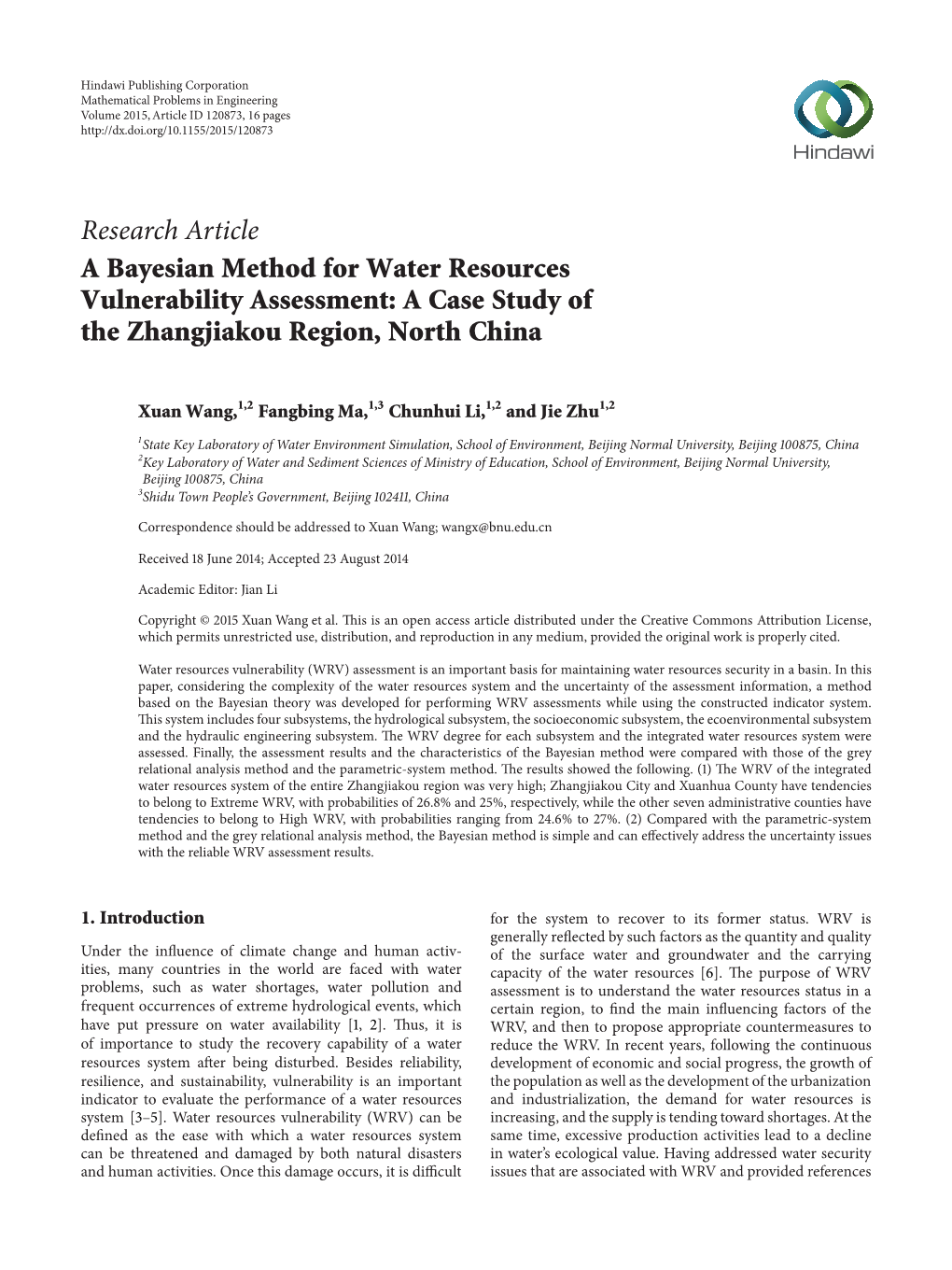 A Bayesian Method for Water Resources Vulnerability Assessment: a Case Study of the Zhangjiakou Region, North China