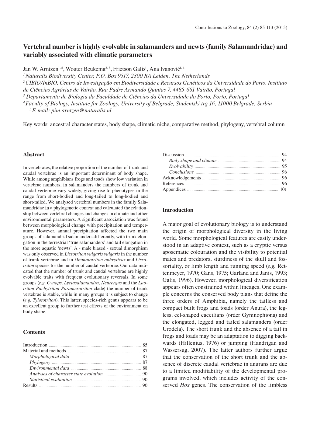 Vertebral Number Is Highly Evolvable in Salamanders and Newts (Family Salamandridae) and Variably Associated with Climatic Parameters